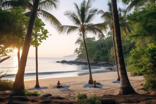 Yoga retreat on the beach photo realistic illustration