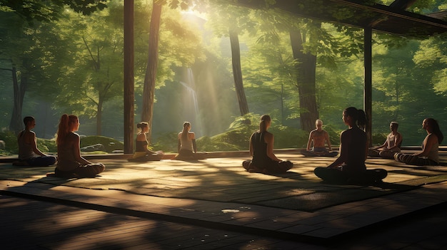 A yoga retreat in a secluded forest ultra realistic