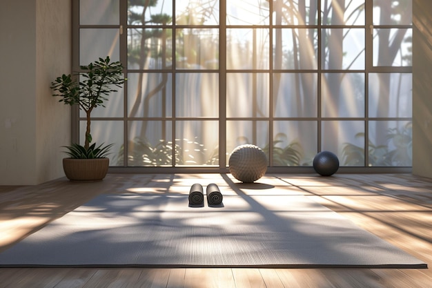 A yoga room with a white ball blue and white balls and a vase with a plant