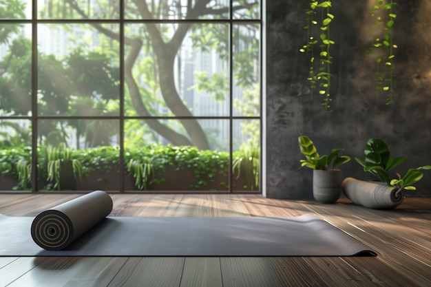 A yoga room with a white ball blue and white balls and a vase with a plant