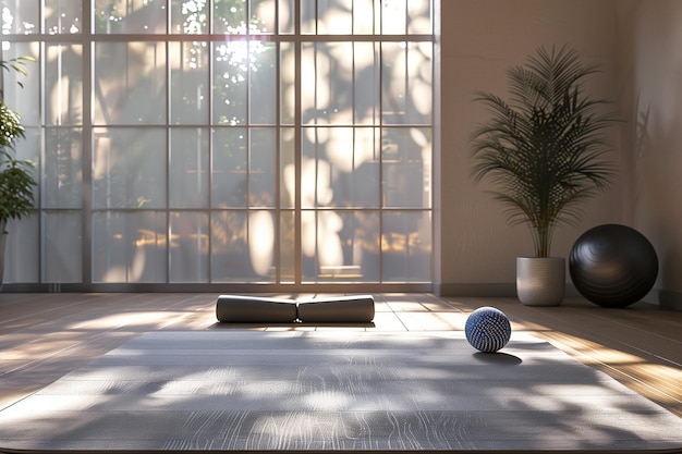 A yoga room with a white ball blue and white balls and a vase with a plant