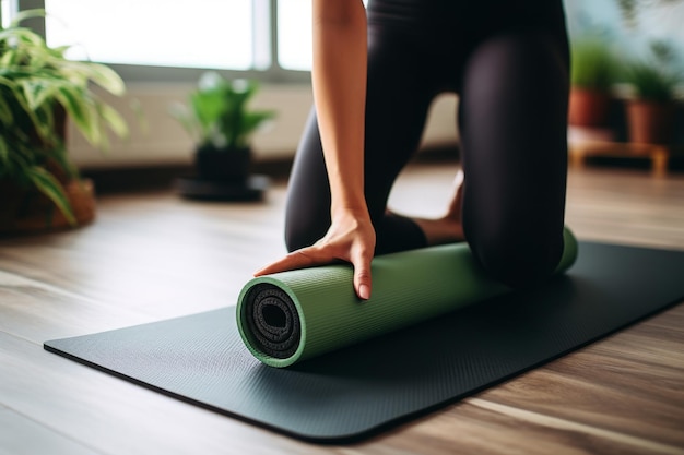 Yoga Serenity Peaceful Scene of Individual Practicing Yoga on Mat in Living Room