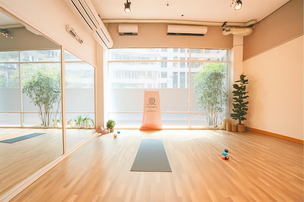 A yoga studio with a chair and a sign that says'yoga'on it