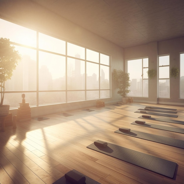 A yoga studio with a view of the city.