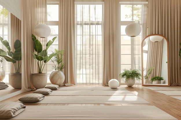 A yoga studio with a white wall and a large mirror The room is filled with plants and a white ball