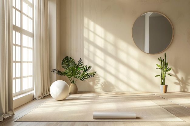 A yoga studio with a white wall and a large mirror The room is filled with plants and a white ball