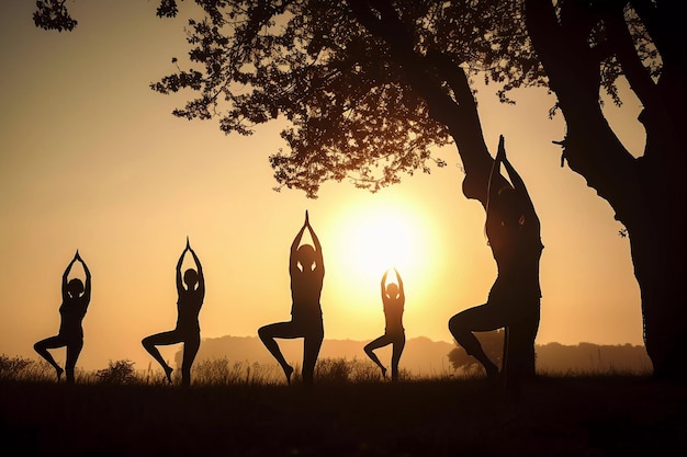 Yoga in the sunset with the sun setting behind them