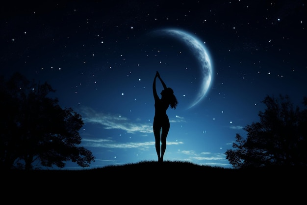 Yoga woman Body Pose Silhouette over Moon Night Sly Meditation Exercise