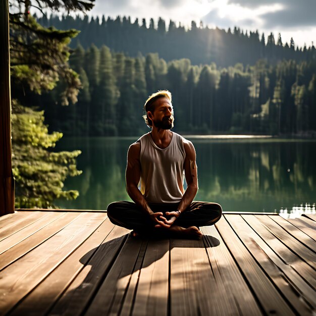 Photo yoga on a wooden deck overlooking a lake