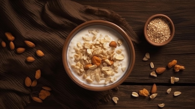 Yoghurt served with oats and dried nuts on brown background