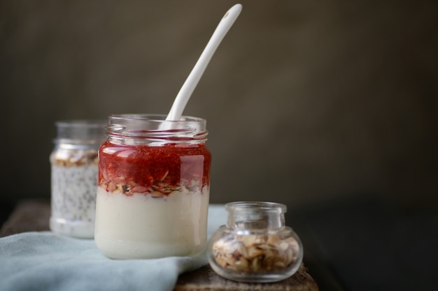 Yoghurt with nuts, seeds and jam