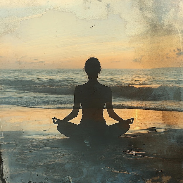 Yogis Form Overlaid with Serene Beach Scene