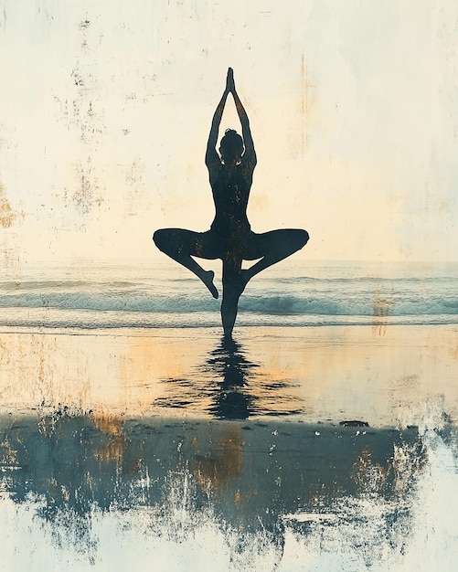 Photo yogis form overlaid with serene beach scene