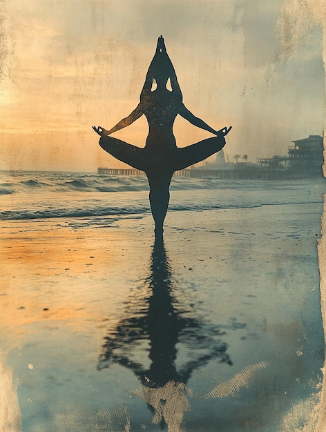 Photo yogis form overlaid with serene beach scene