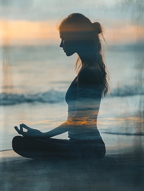 Photo yogis form overlaid with serene beach scene