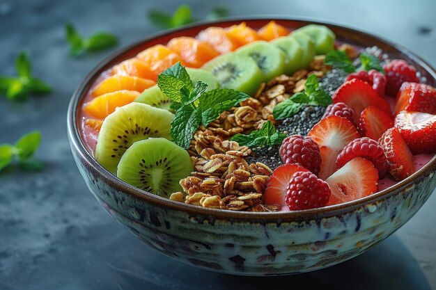 Photo yogurt bowl topped with many kind of fruits