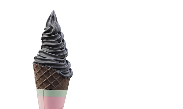 Yogurt charcoal or black sesame ice cream with cone on white background