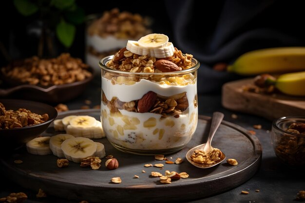 Yogurt granola parfait with sliced nuts and fresh banana fruits in a glass jar on dark background Generative AI