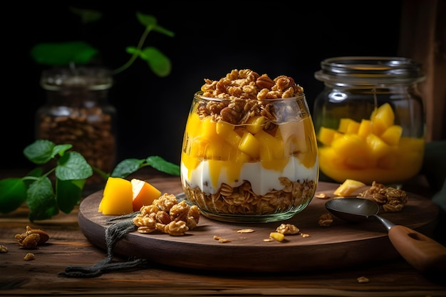 Yogurt granola parfait with sliced nuts fresh mango fruits in a glass jar on dark background Generative AI