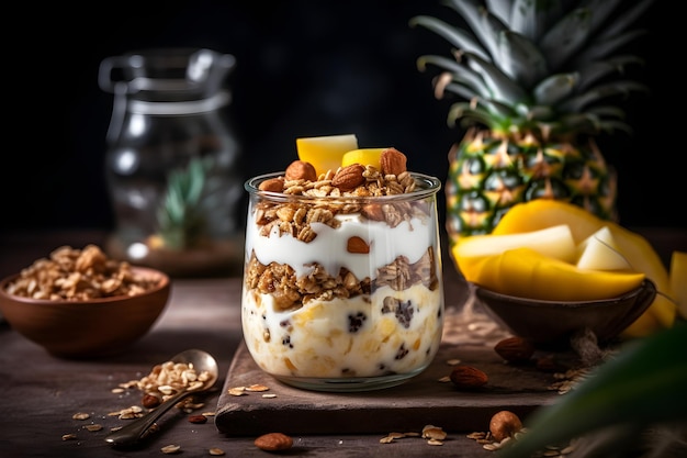 Yogurt granola parfait with sliced nuts and fresh pineapple fruits in a glass jar on dark background Generative AI