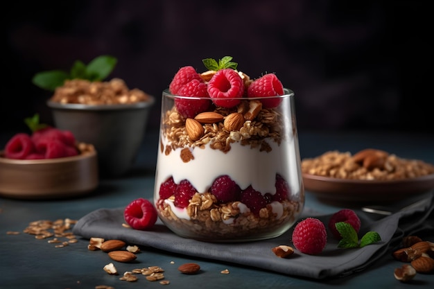 Yogurt granola parfait with sliced nuts and fresh raspberry in a glass jar on dark background Generative AI