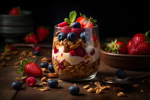 Yogurt granola parfait with sliced nuts fresh strawberry raspberry and blueberry in a glass jar on dark background Generative AI