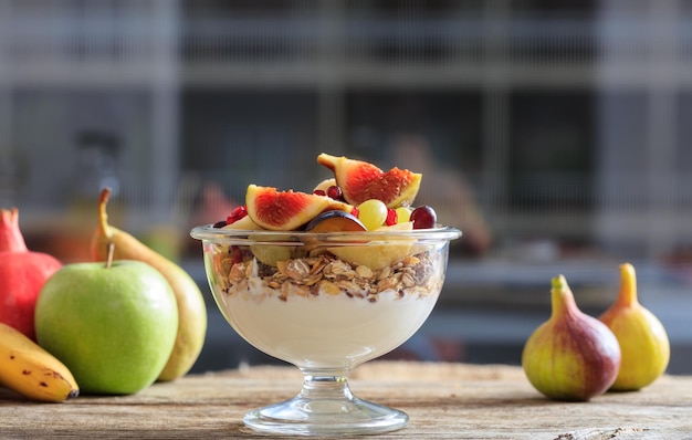 Yogurt muesli and fresh fruits