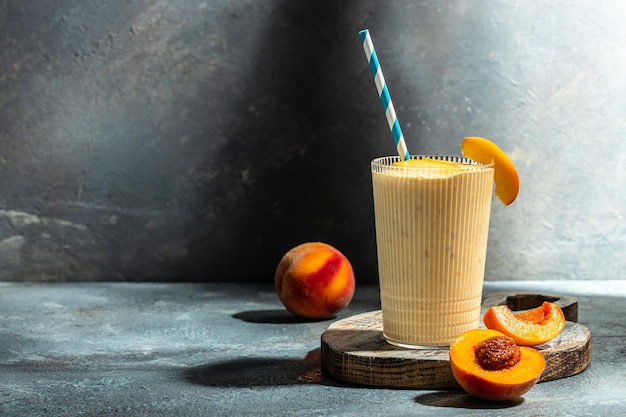 Yogurt peaches breakfast drink fresh blended peach smoothie place for text