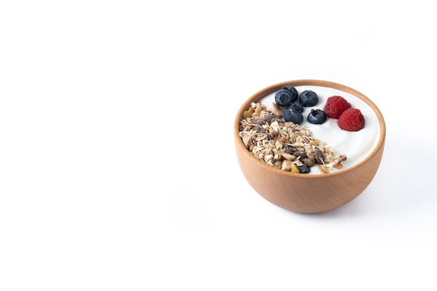 Yogurt with berries and muesli for breakfast in bowl Close up