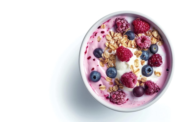 yogurt with berries and muesli for breakfast in bowl isolated on white background top view