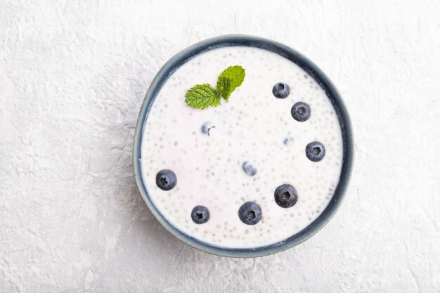 Yogurt with blueberry in ceramic bowl on gray concrete background. top view, flat lay, close up.