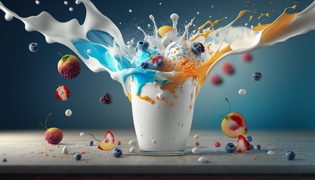 Yogurt with fruits and nuts splashes of water light blue