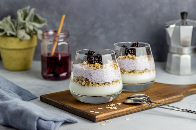 Yogurt with granola, chia seeds and blackberries