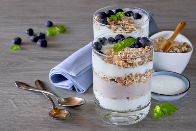 Yogurt with muesli and blueberries with mint, healthy dessert on neutral wood