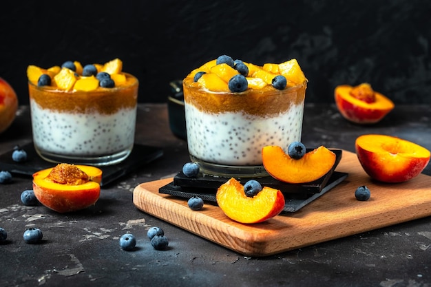 Yogurt with Peach chia seeds Natural detox fruit dessert healthy dieting concept