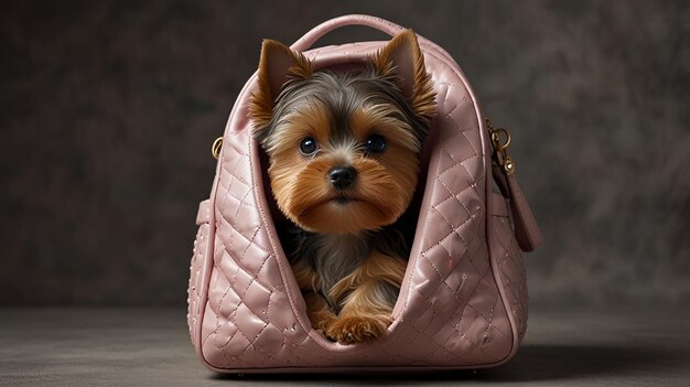 Photo yorkie puppy in a designer bag