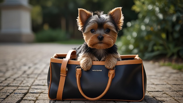 Photo yorkie puppy in a designer bag