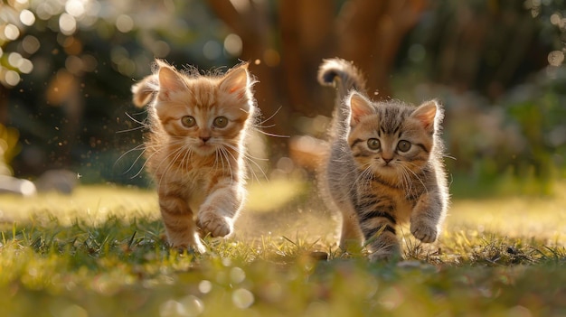 Yorkshire And Persian Cats Having Fun In The Yard Filled With Playful Energy