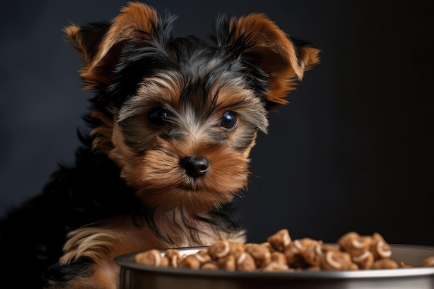 Yorkshire puppy enjoying some delicious dog food