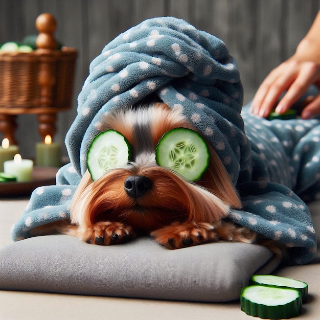 A Yorkshire Terrier dog enjoying a relaxing massage