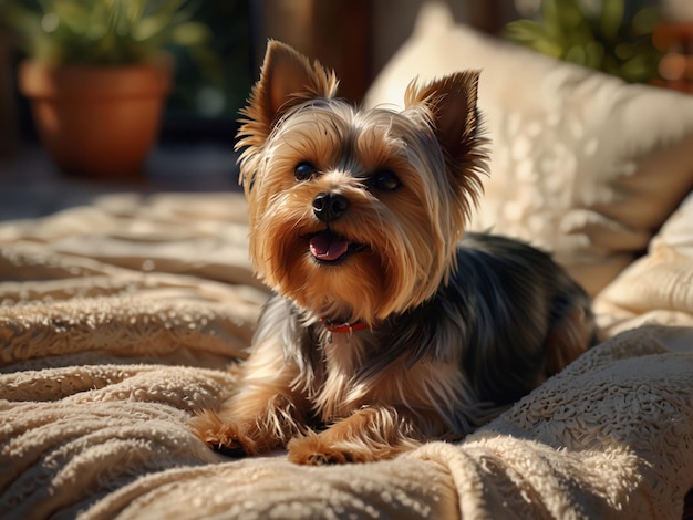 a Yorkshire Terrier dog is sitting on a blanket with a plant in the background