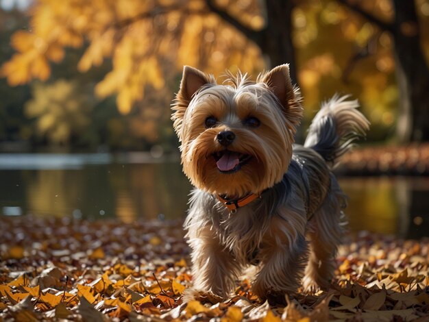 a Yorkshire Terrier dog is standing in the leaves by a lake