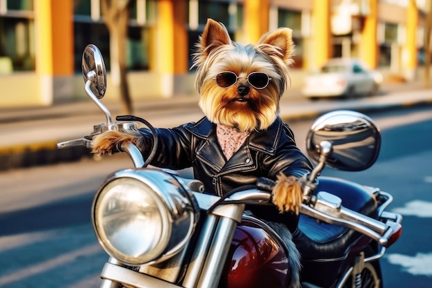 Yorkshire Terrier dog riding a motorcycle in a biker jacket and black glasses