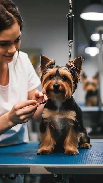 Photo yorkshire terrier getting procedure at the groomer salon young woman in white tshirt trimming a lit