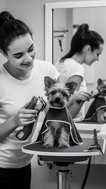 Photo yorkshire terrier getting procedure at the groomer salon young woman in white tshirt trimming a lit