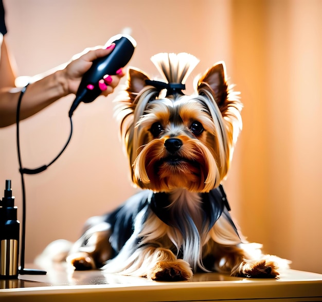 Photo yorkshire terrier grooming essentials in action at salon