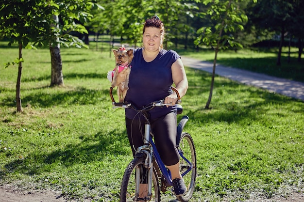 Yorkshire terrier in hands of fat woman on bike