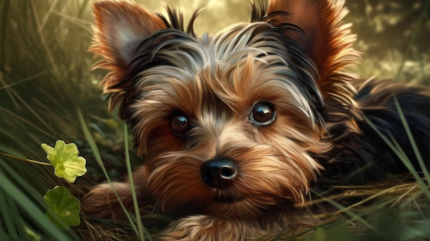 Yorkshire terrier in the park Small York dog on green grass background Generative AI