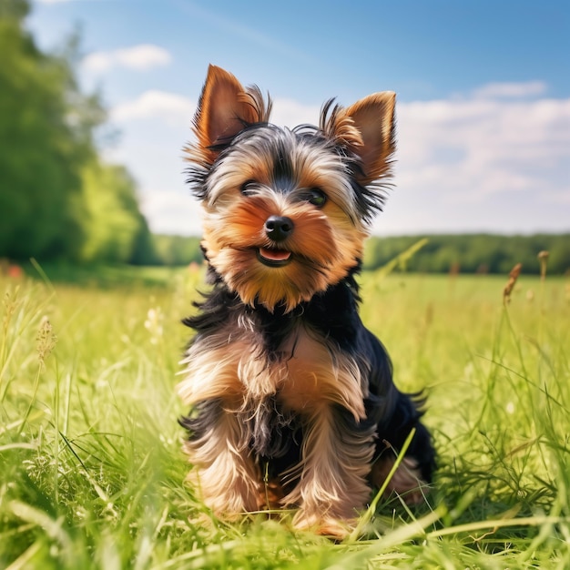 Yorkshire Terrier puppy sitting on the green meadow