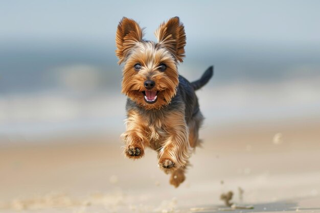 Photo yorkshire terrier running on a beach daily light